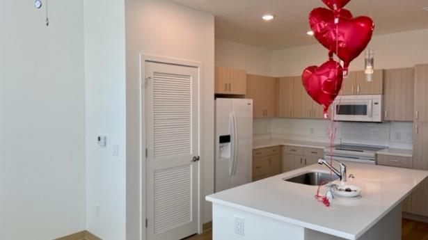 Red balloons inside new apartment.