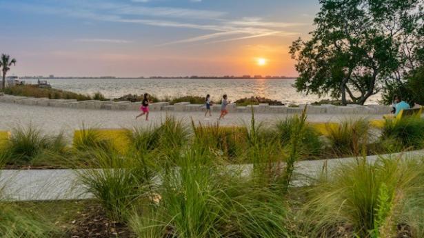 Children run in the distant among beautiful green plants and a sunset overlooking Sarasota Bay.