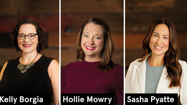 Three headshots side by side - one woman with brown curly hair and glasses, one woman with maroon shirt and brown hair, one woman with long brown hair and white jacket.