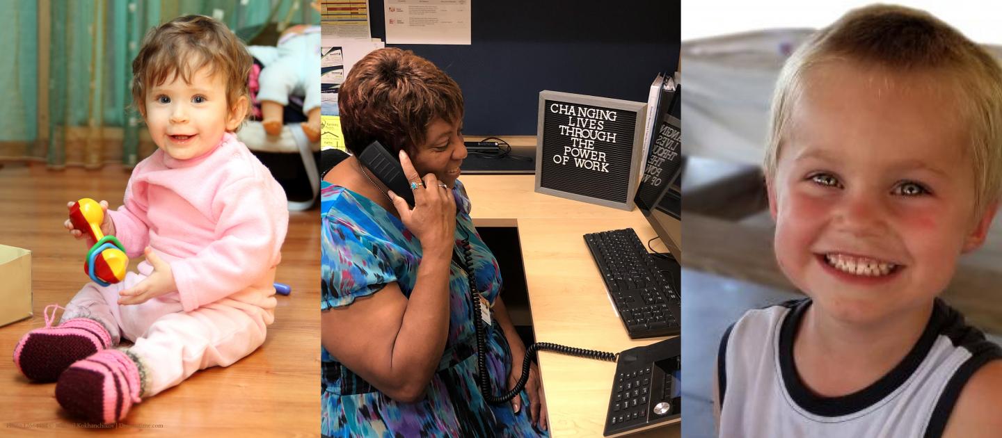 baby girl, woman on phone, little boy smiling
